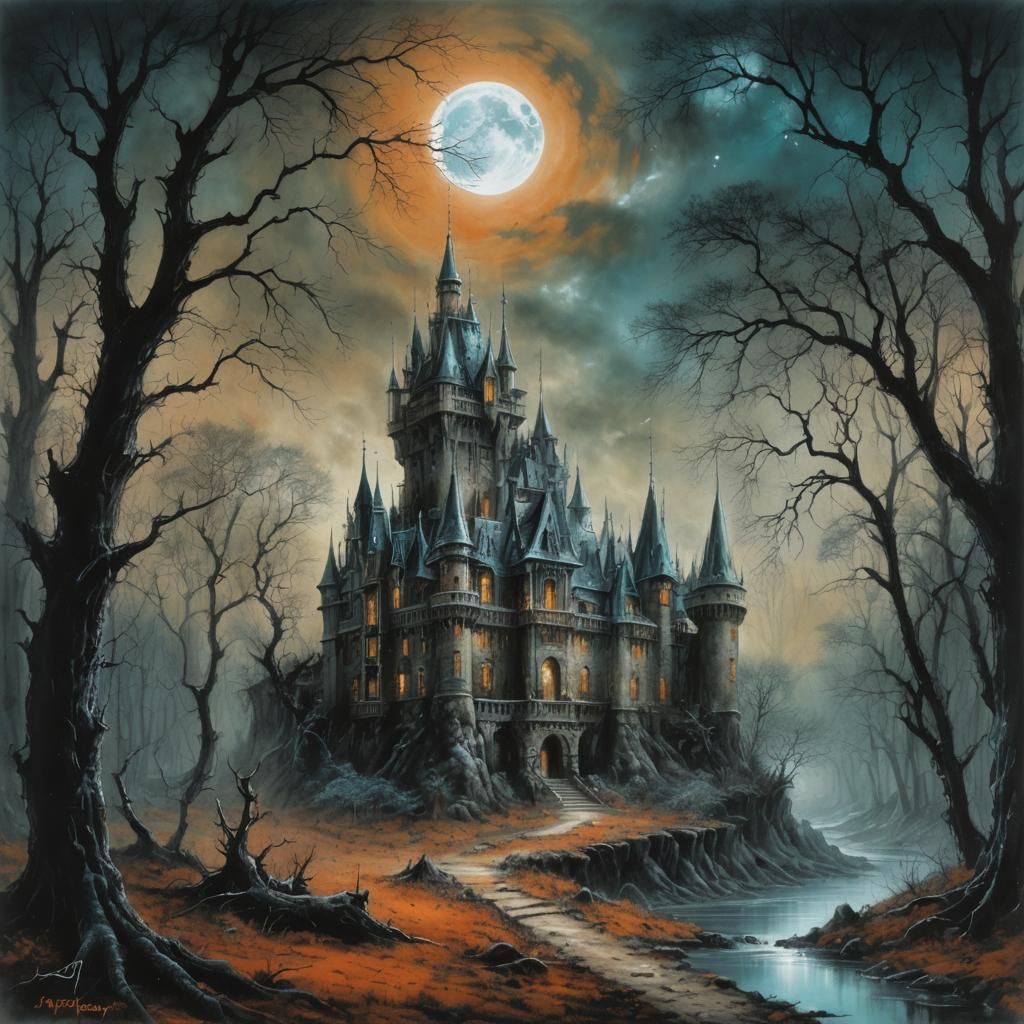 Luminous Castle in Bioluminescent Forest: Luis Royo Painting