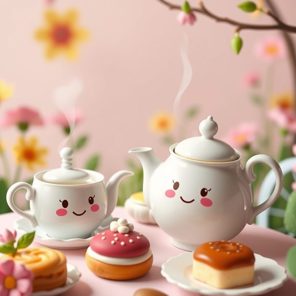 A whimsical tea party set in a lush garden, where teacups with cheerful faces pour steaming tea for delighted pastries, ...