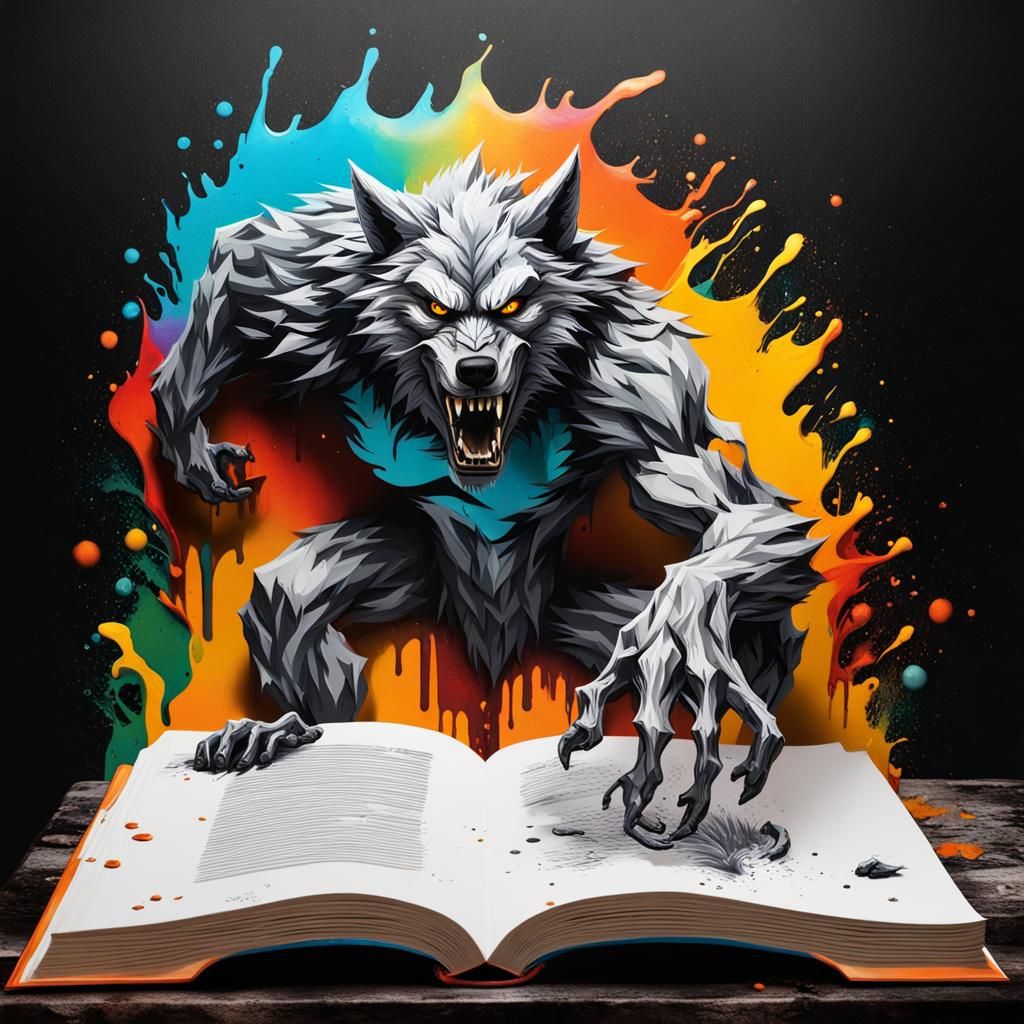 Werewolf Emerges from Book in Graffiti Art