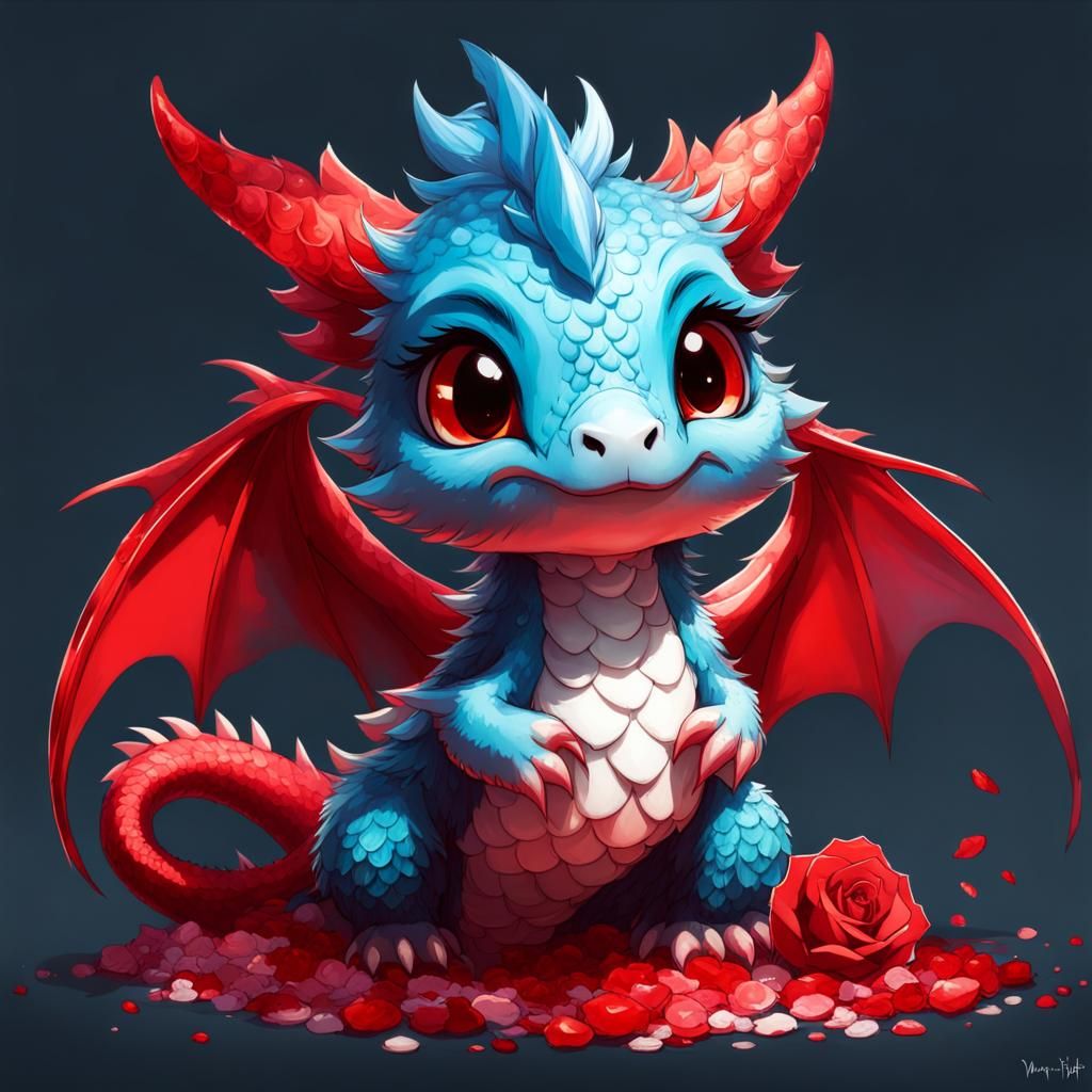 Cute Chibi Dragon with Roses, Artstation Quality