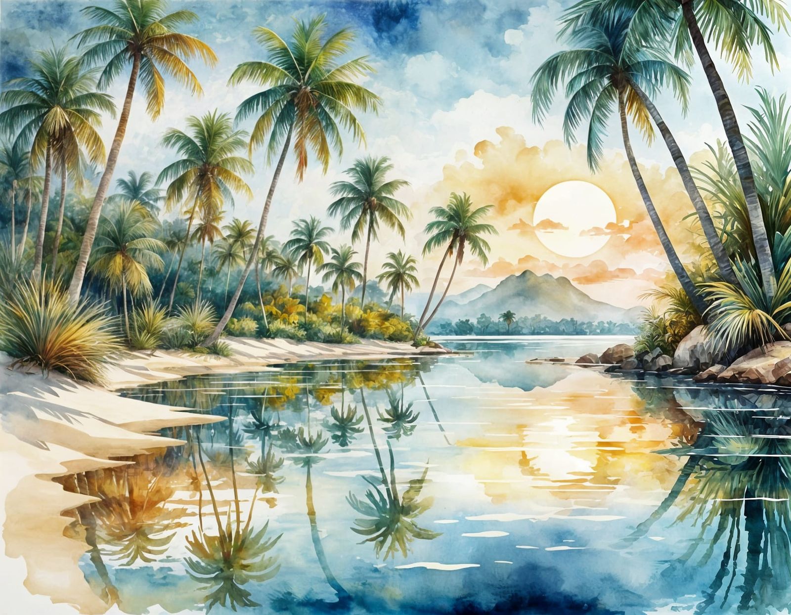 Tropical Lagoon in Digital Watercolor Illustration