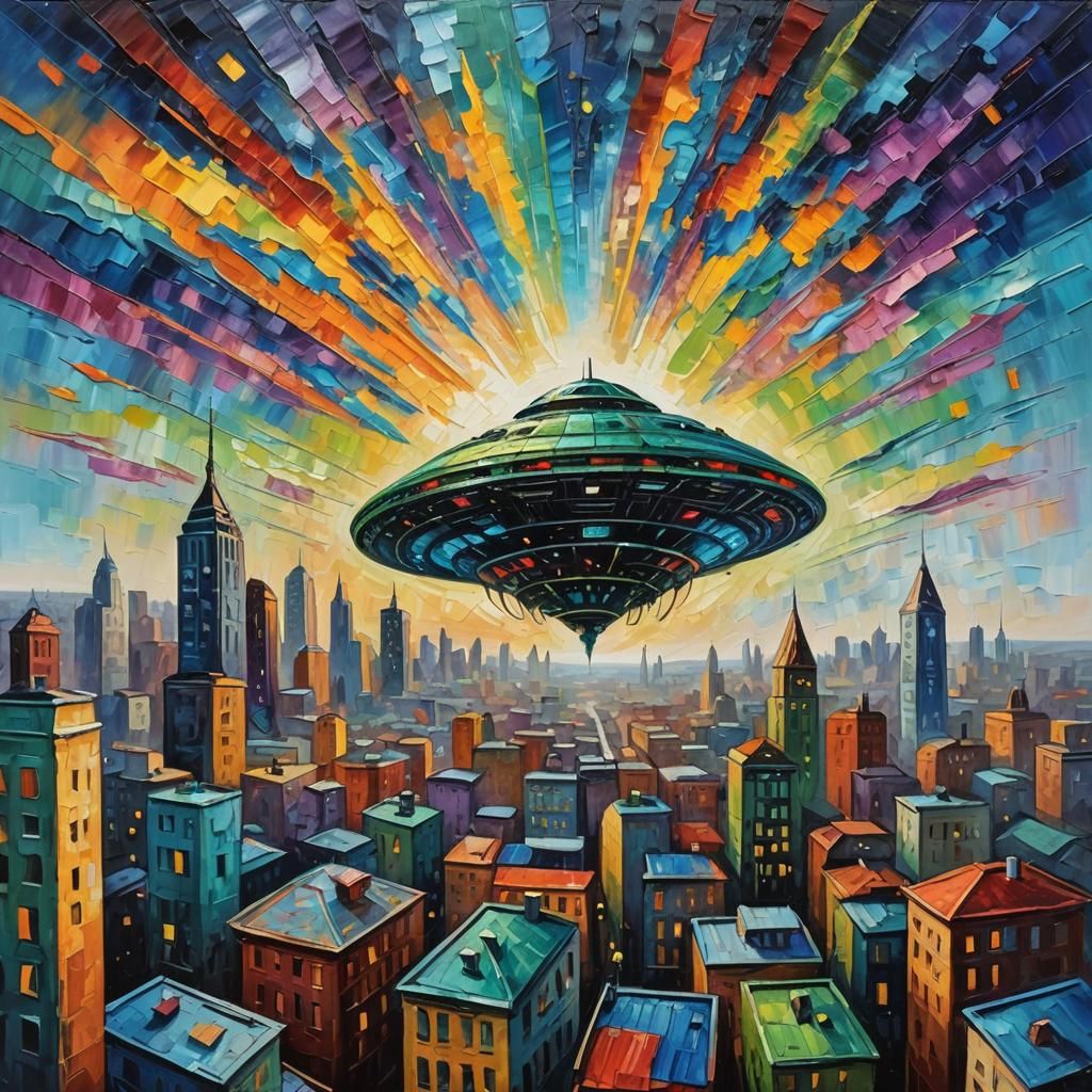 Alien Spaceship Over City in Expressionist Style