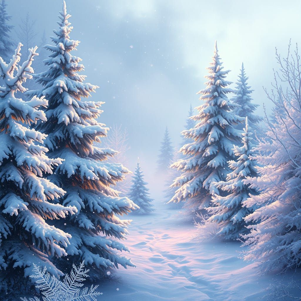Ethereal Winter Wonderland with Snow-Dusted Evergreens