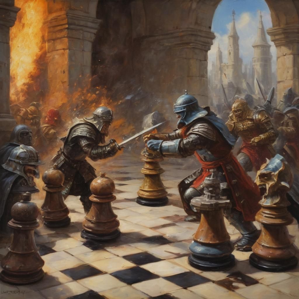 Chess Pieces Clash: An Oil Painting Battle