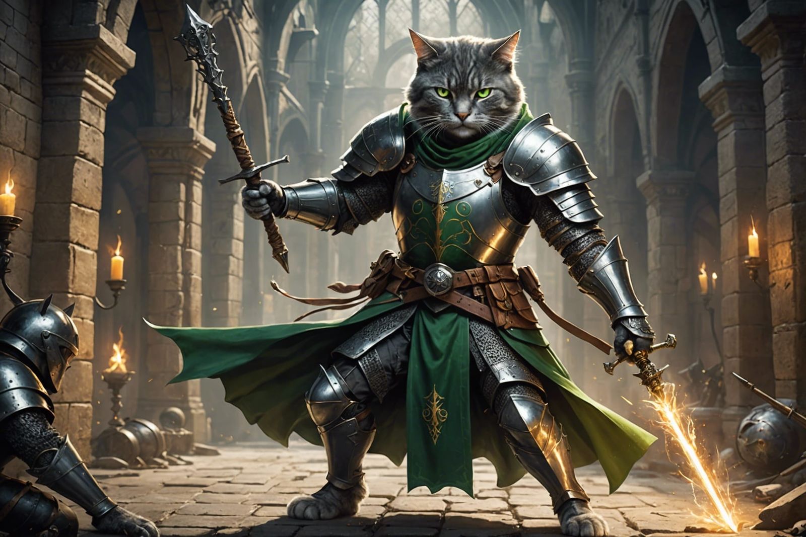 Armored Cat Knight with Magical Staff