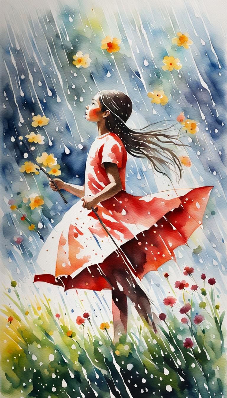 Watercolor Painting of Flowers in Rain with Portrait