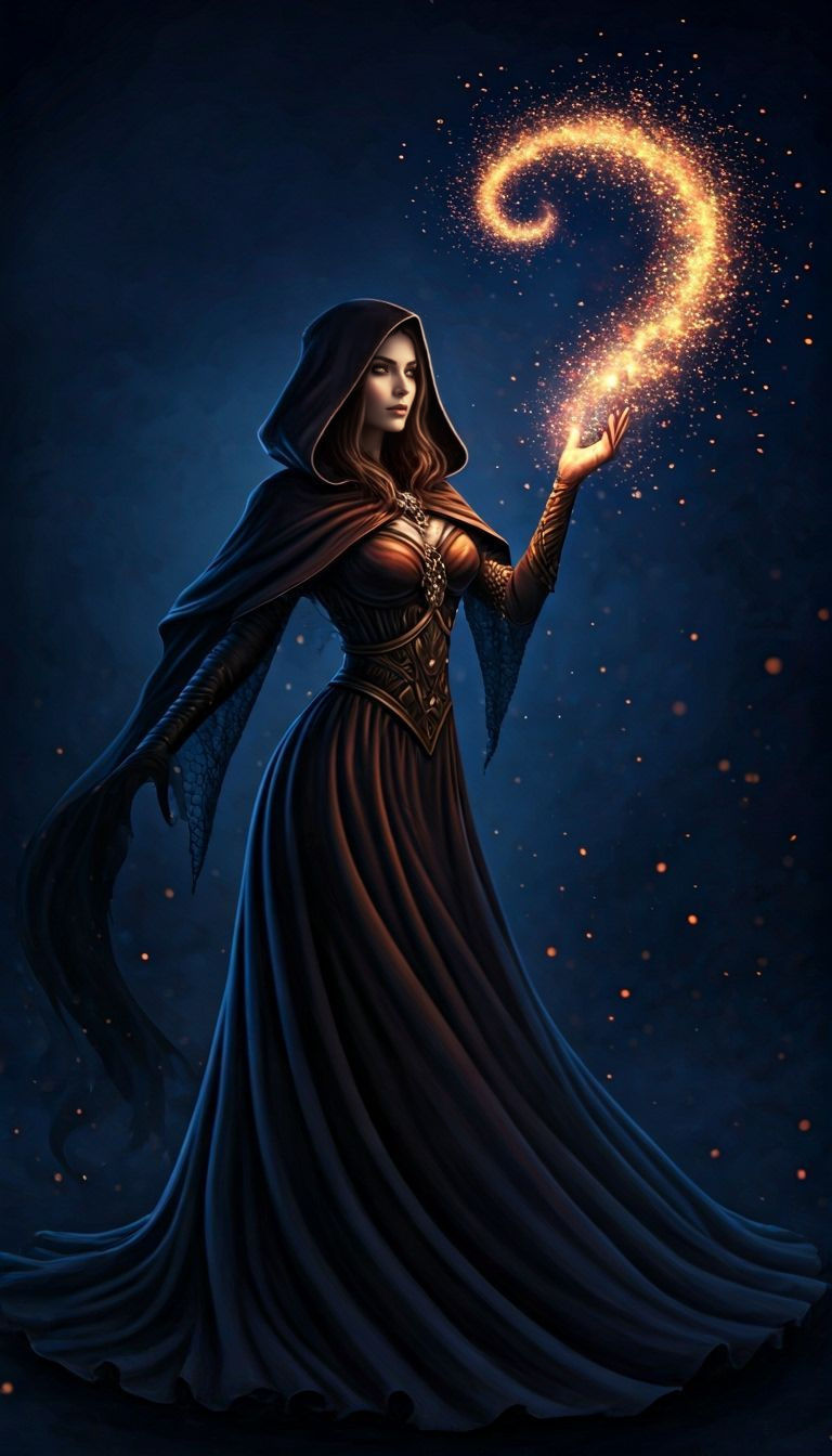 Sorceress Silhouette with Glowing Eyes in Night Sky