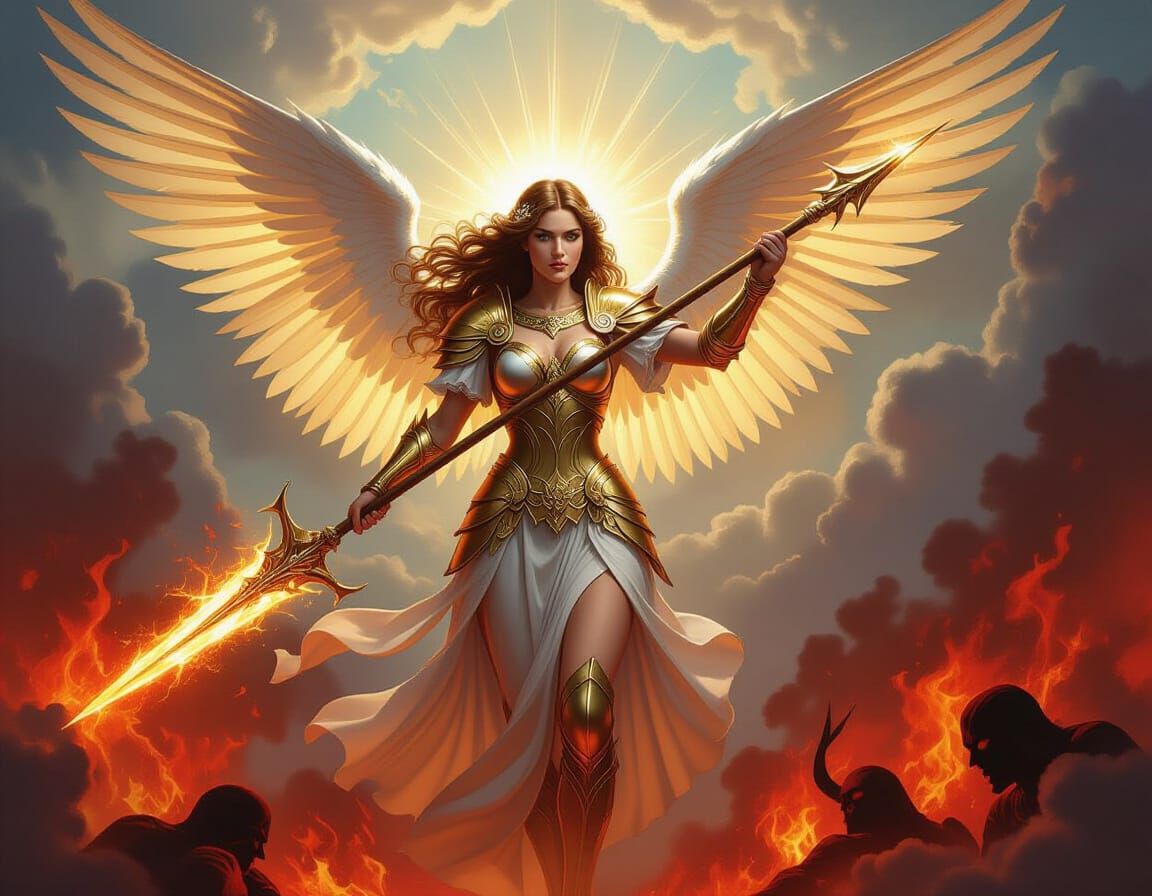 Glorious Angel Wielding Spear of Justice in Dramatic Oil Pai...