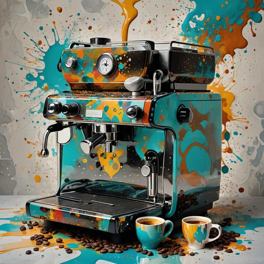 Vibrant Espresso Machine with Colorful Cups, Peter Max Style