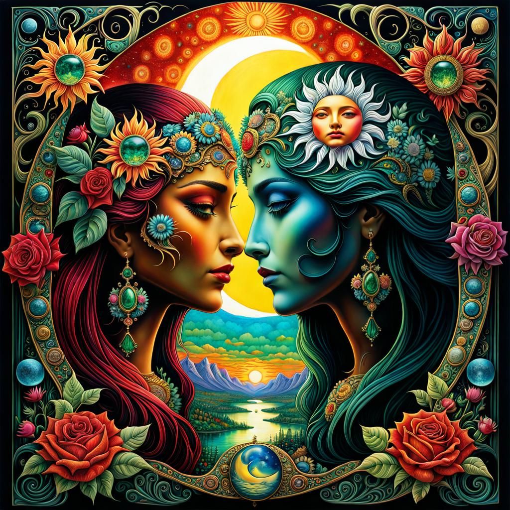 Surreal Split Screen: Sun, Moon, and Floral Duality