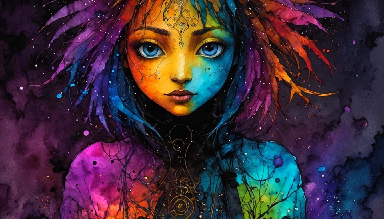 Psychedelic Silhouette of a Girl in Watercolor Style