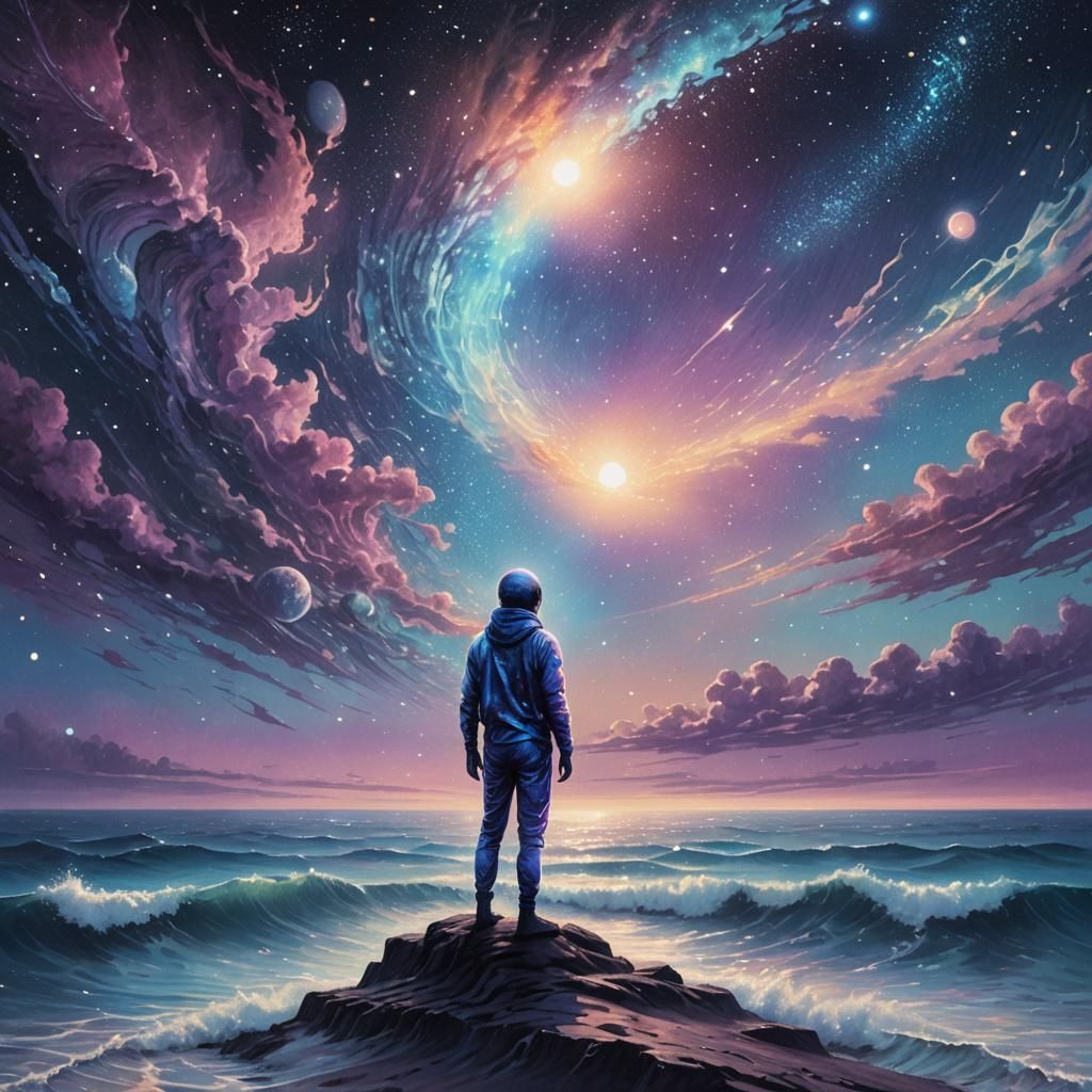 Astral Figure Gazing at Cosmic Ocean in Mixed Media