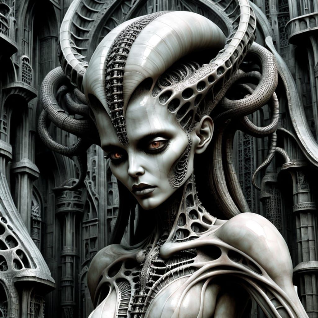 Biomechanical Feminine Face in Oppressive Giger-esque Landsc...