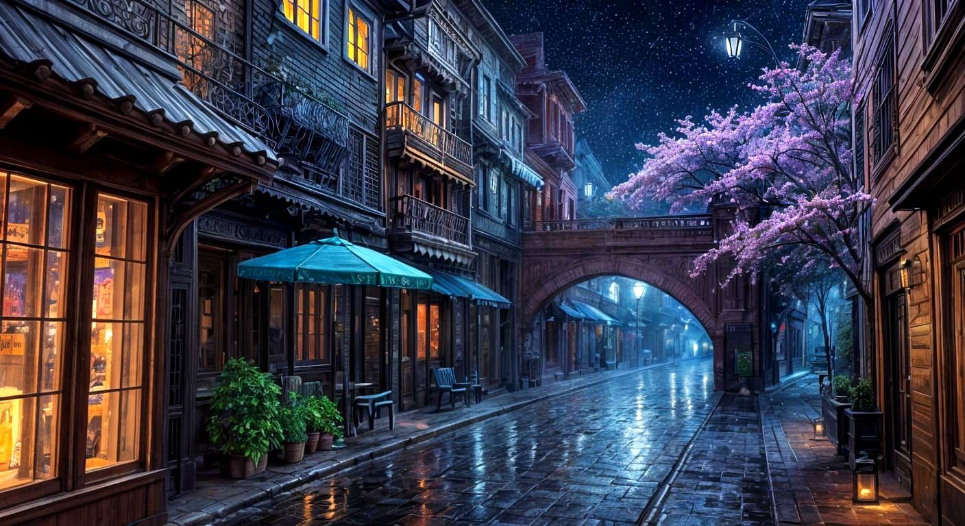 Moonlit Rainy Night Cafe in Old Town Watercolor Oil Mix