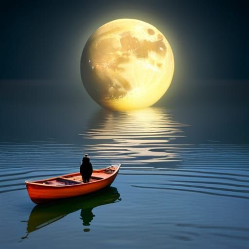 Supermoon's Light: Owl, Cat, and Boat on Sea
