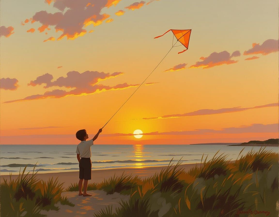 Boy Flying Kite at Sunset in Skagen Style