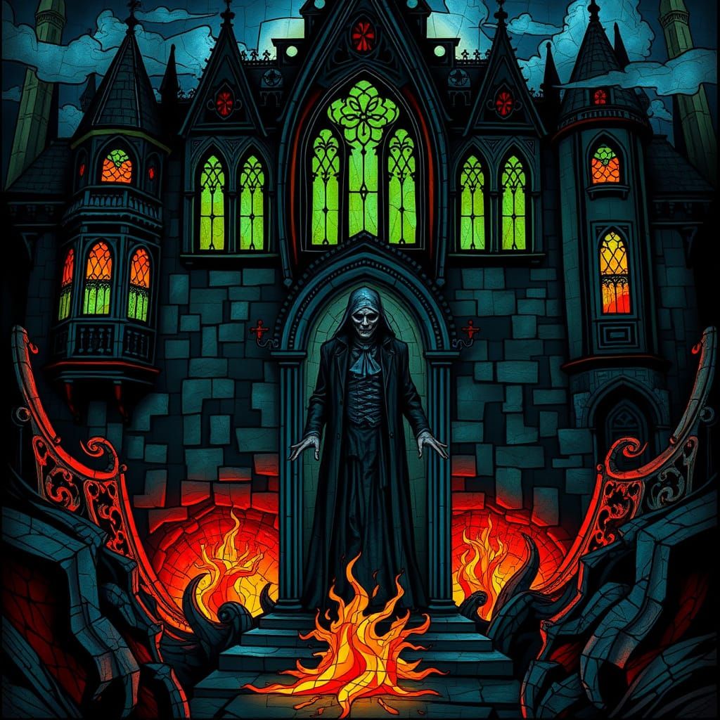 Gothic Castle Guarded by a Haunting Figure
