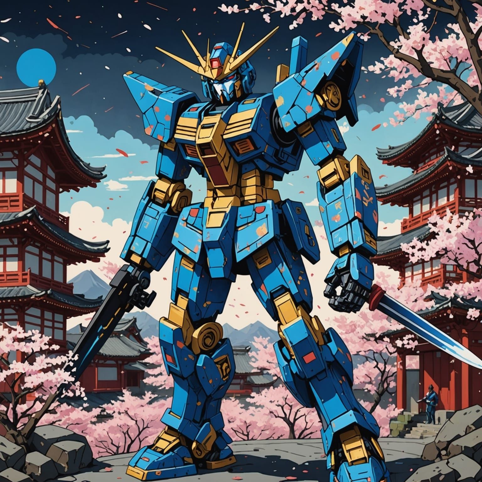 Gundam Samurai Robot in Ukiyo-e Klimt Fusion Style