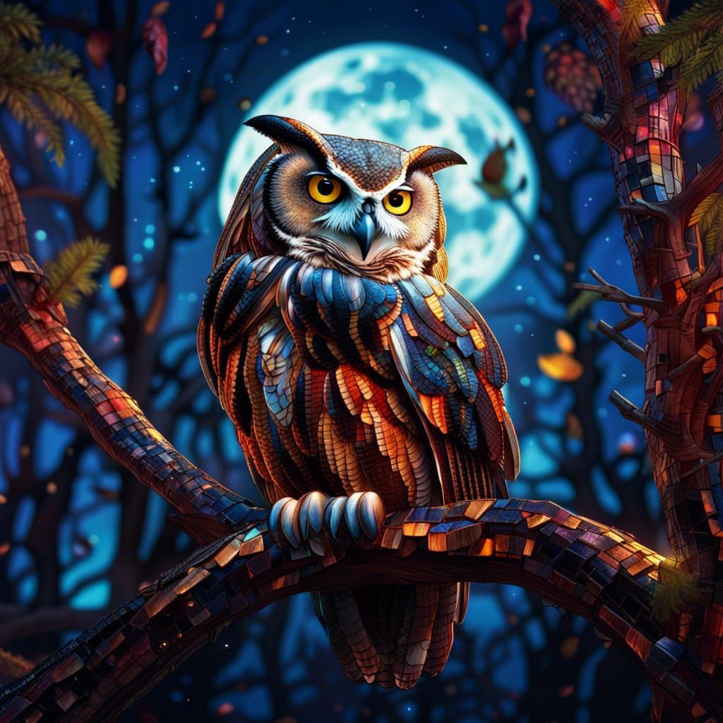 Owl and Moon Mosaic in Dark Fantasy Style