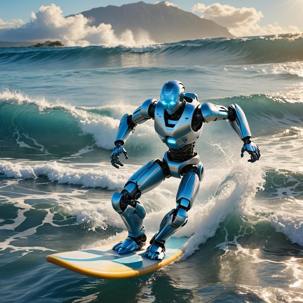 Robot Surfing in Hawaii on Blue Ocean Wave