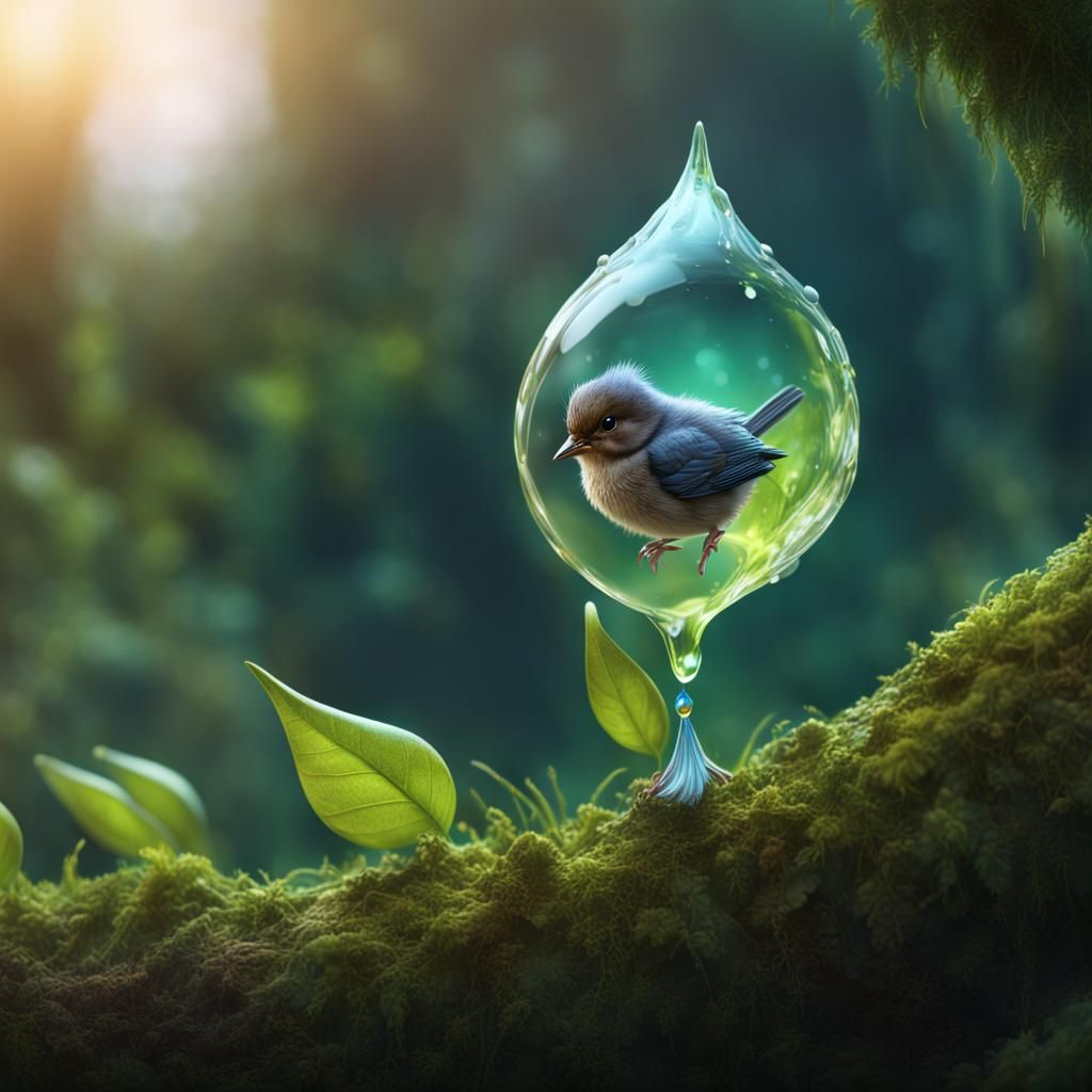 Fluffy Baby Bird in Dewdrop Reflection