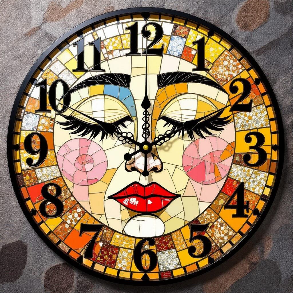 Sleepy Yawning Clock in Klimt Mosaic Style