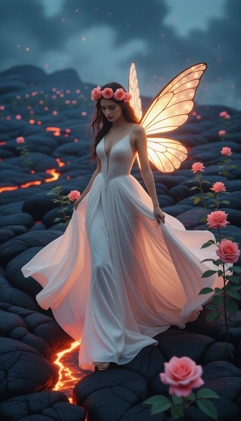 Fairy Surrounded by Roses in Lava Flow