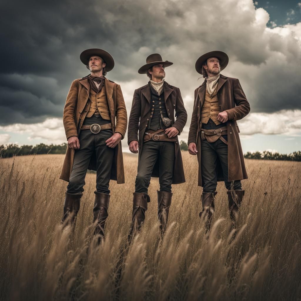 Cowboys in Rain Slickers Under Noontime Sky