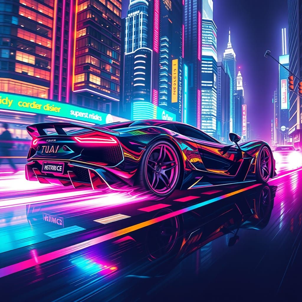 Neon Supercar Races Through Cyberpunk City