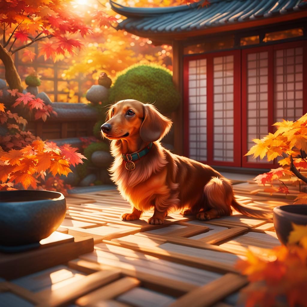 Dachshund Enjoys Sweet Potato in Japanese Garden