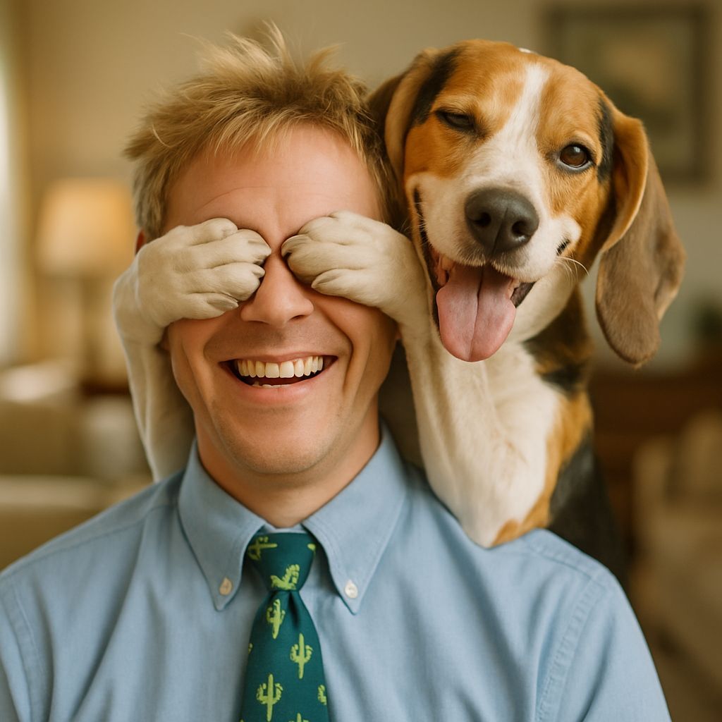 Humorous Portrait of Man and Playful Foxhound