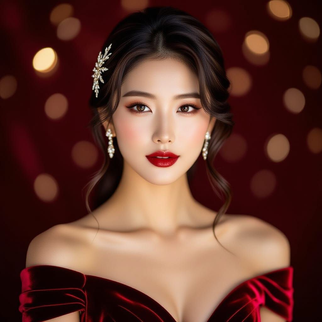 A glamorous portrait photograph captures a stunningly beauti...