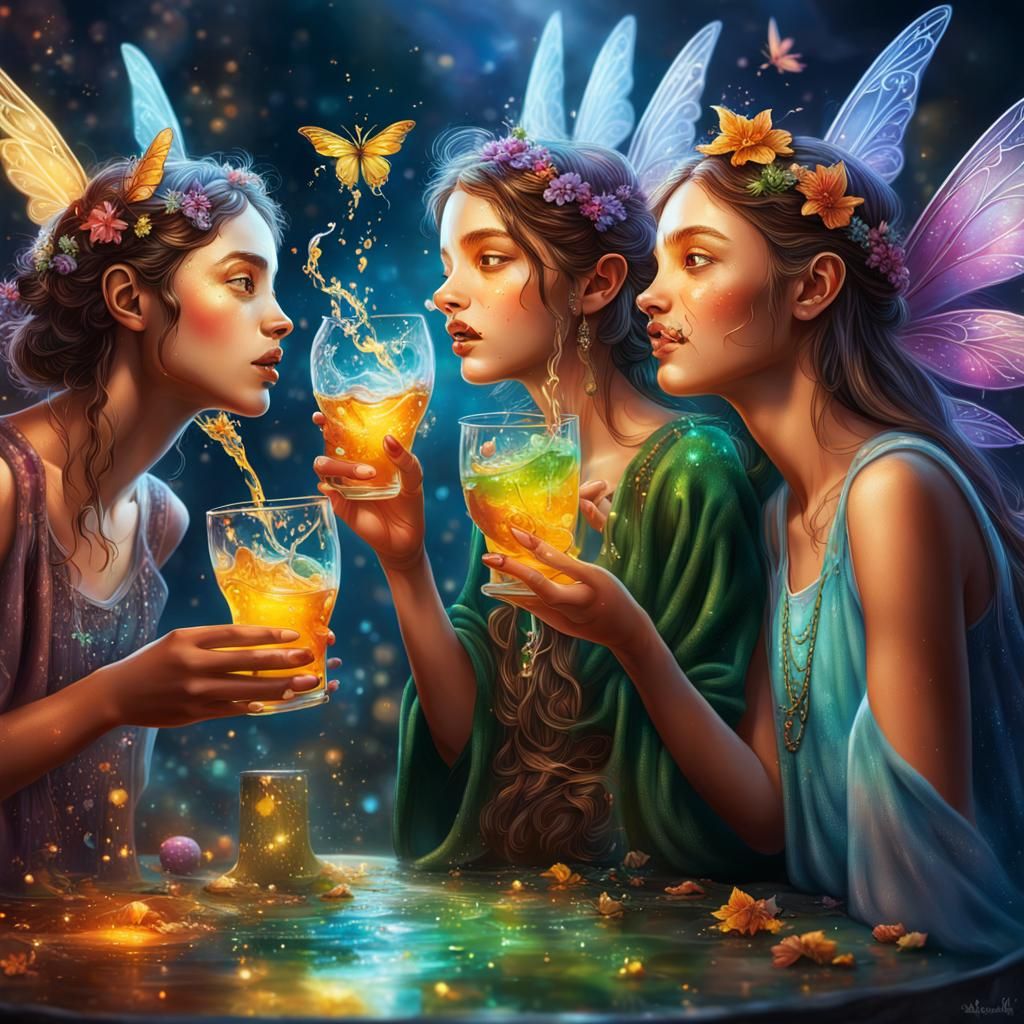 Fairies' Elixir Party: Hyperrealistic Splash Art