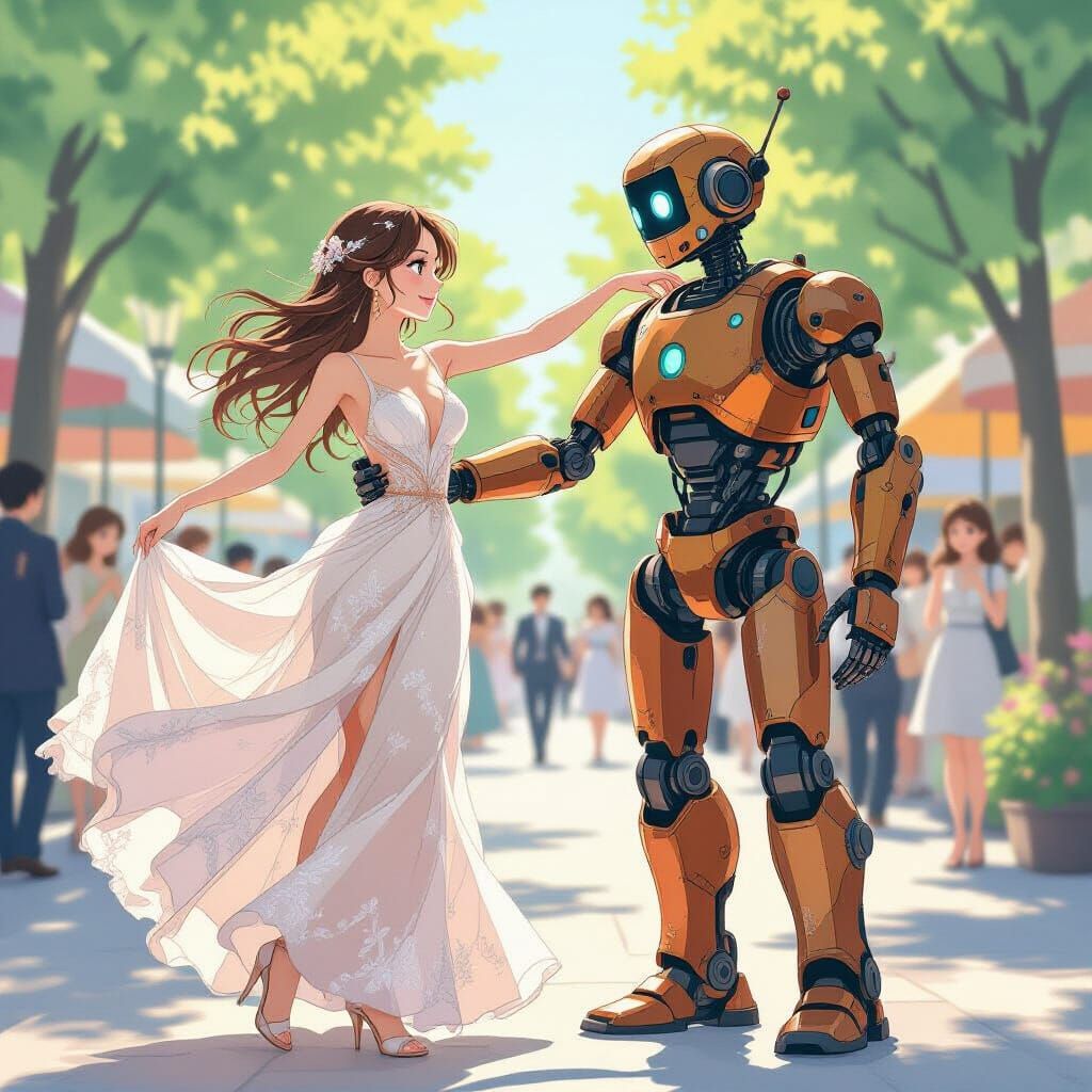 Woman Waltzing with Robot in Vibrant Anime Style