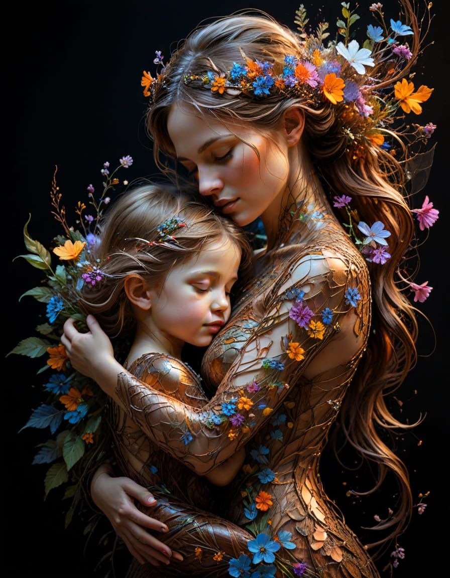 Mother and Child Embraced by Nature in Vibrant, Bronze-Toned...