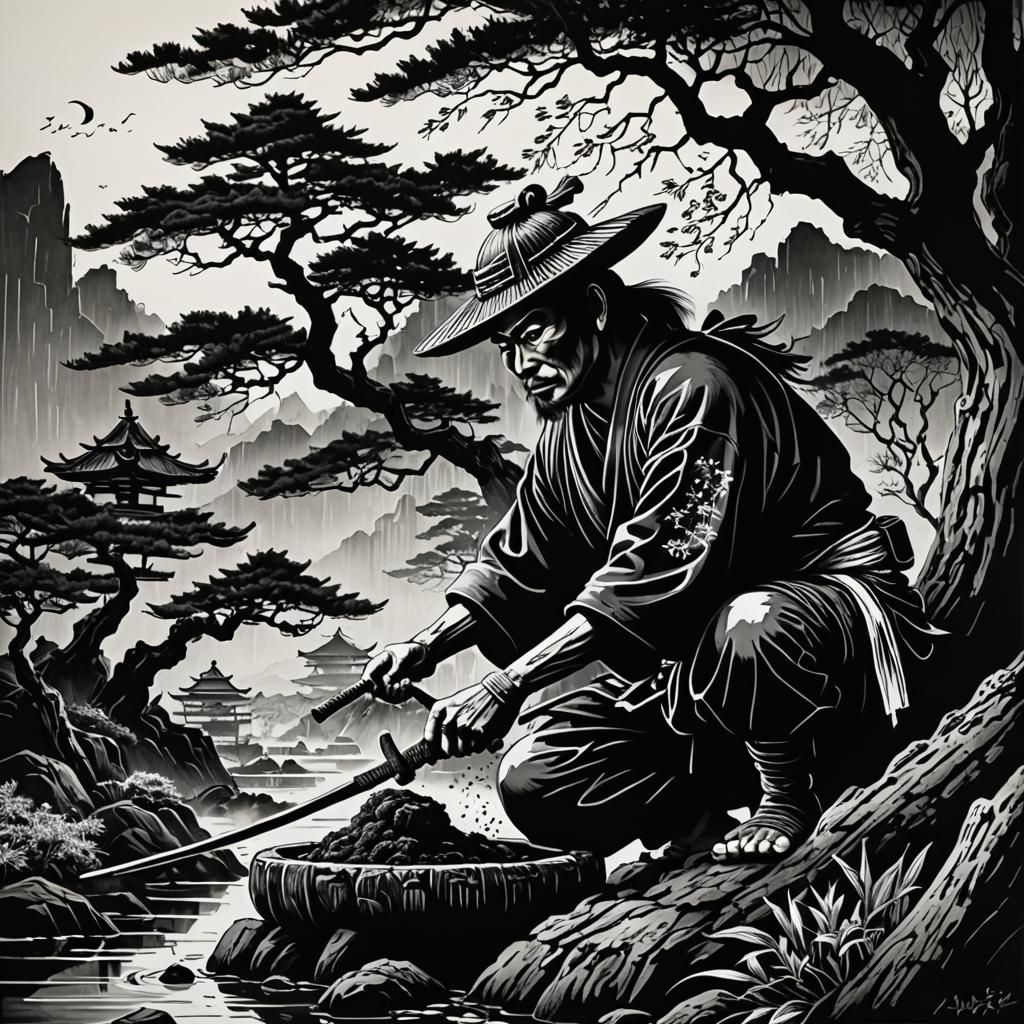 High Contrast Scratchboard Samurai and Bonsai