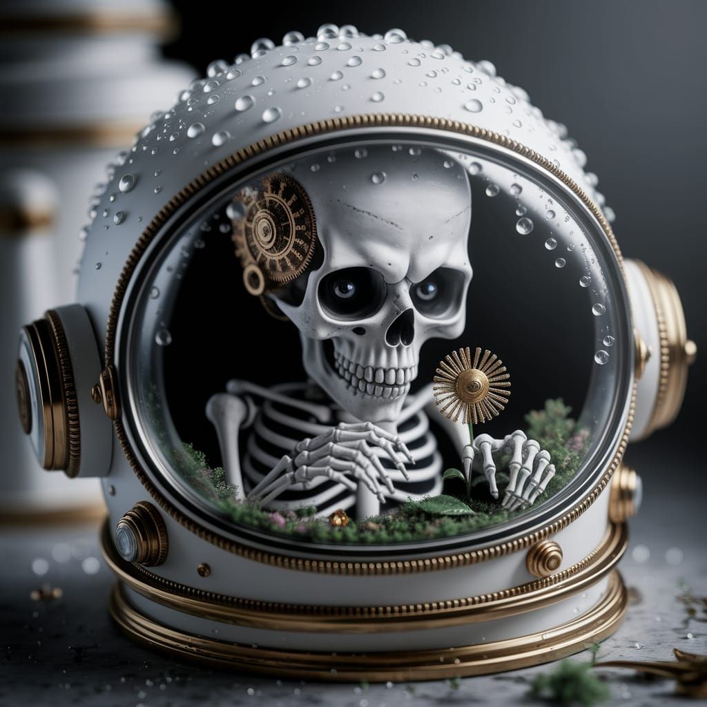 Skeleton Crafts Clockwork Flower in Astronaut Helmet