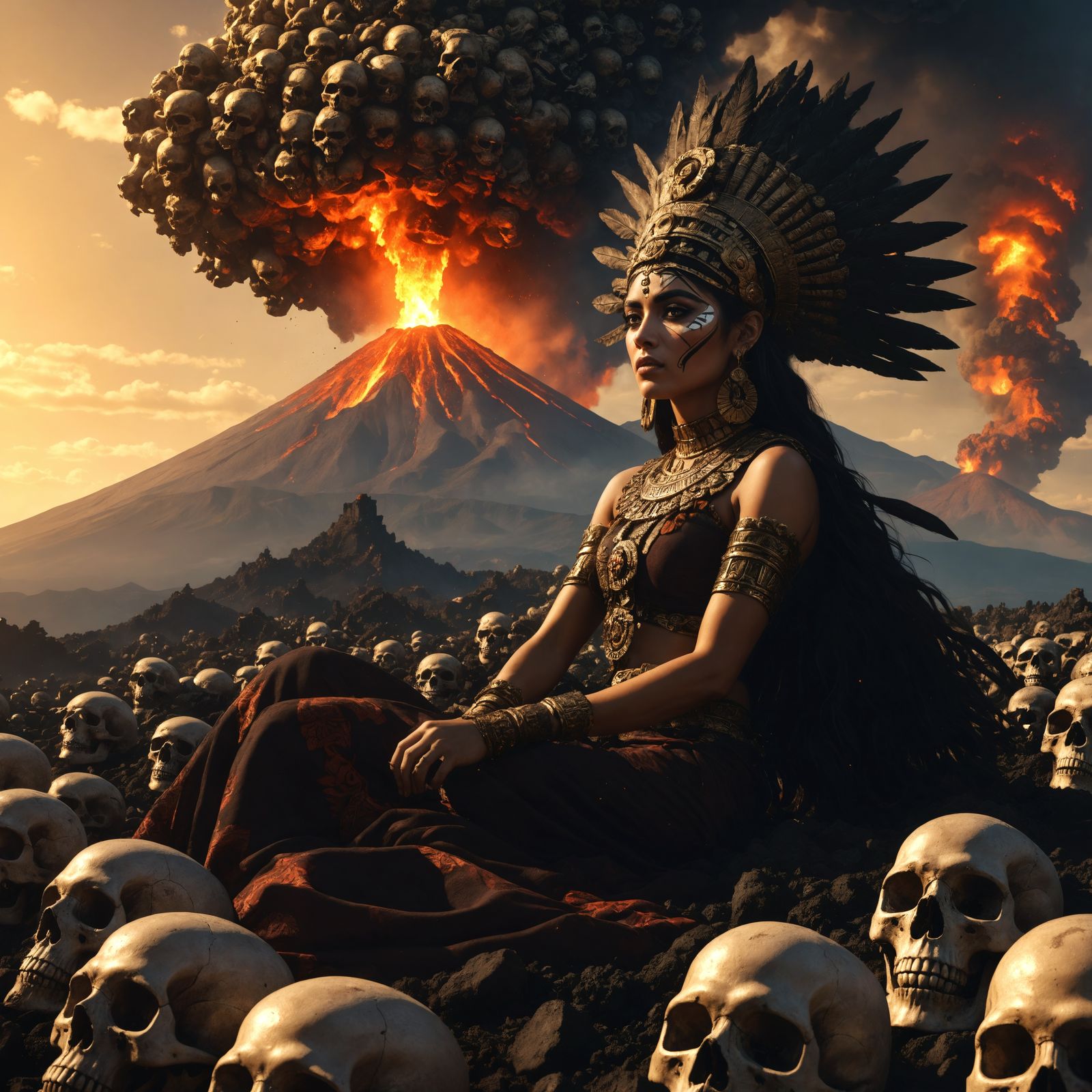 Dead Aztec Princess laying in a sea of human skulls Mexico volcano popocatepetl erupting in the background