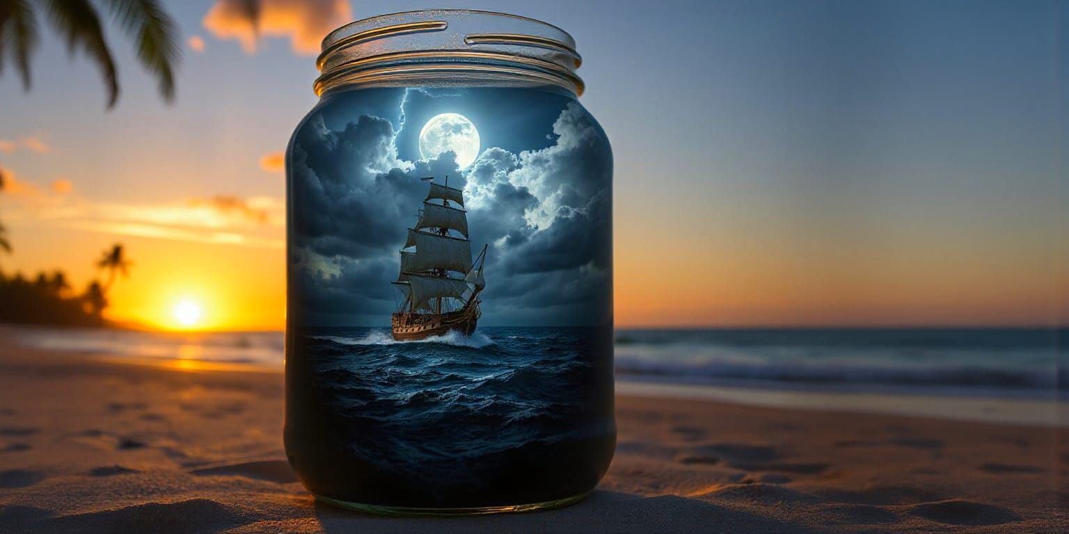Stormy Seascape in a Jar on Beach at Sunset