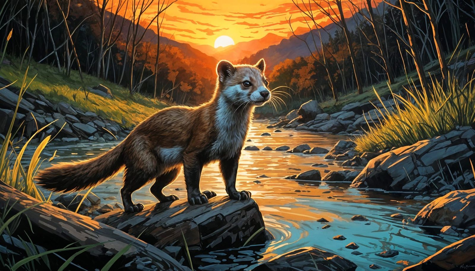 A weasel is standing on the sand bank of a mountain stream with a colorful Eastern Tennessee sunset.