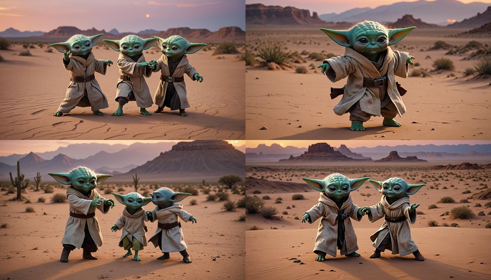Baby Yoda's Desert Dance-Off at Sunset