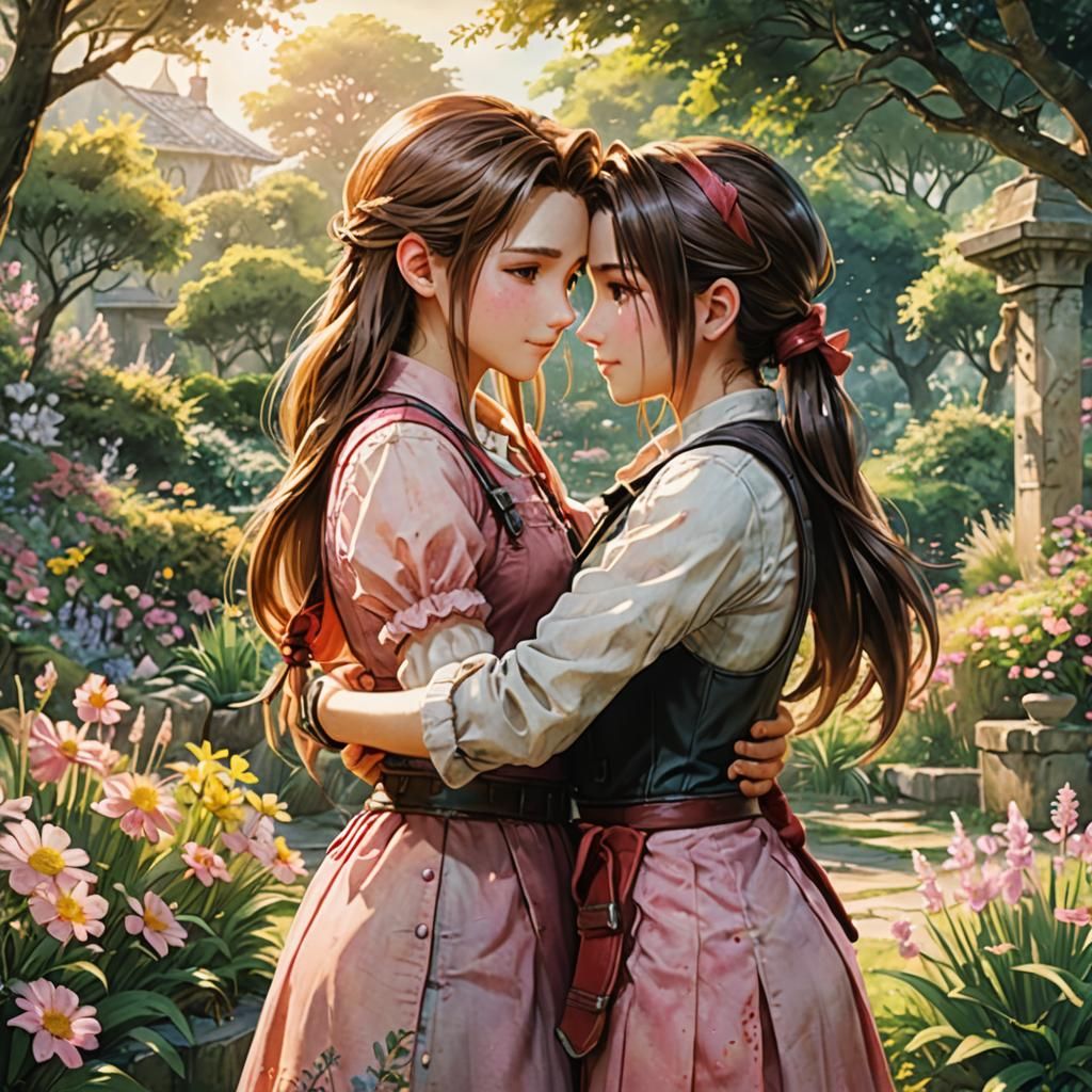 Aerith and Tifa: A Serene Garden Embrace