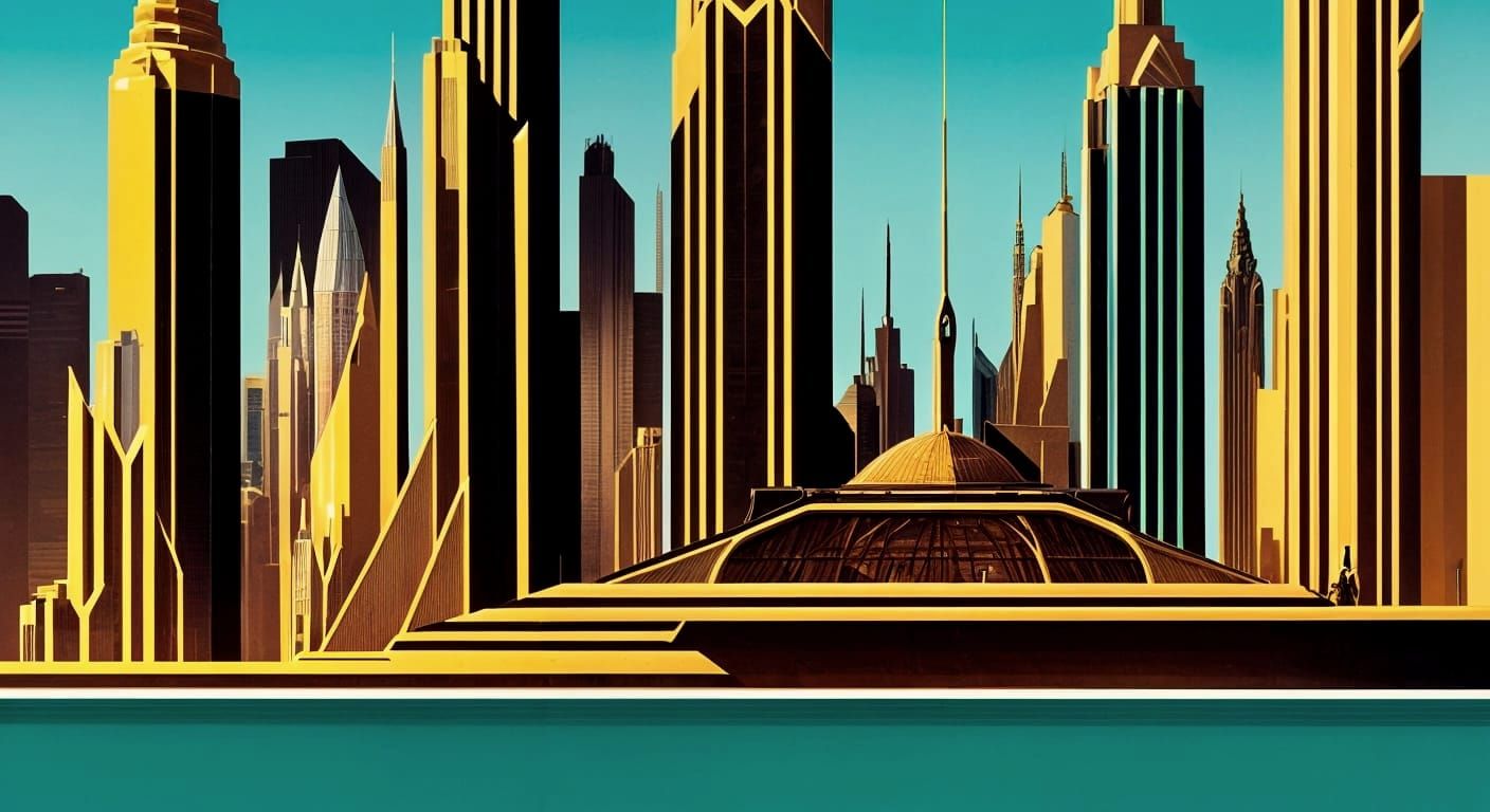 Art Deco Retrofuturist Cityscape in Bronze and Teal