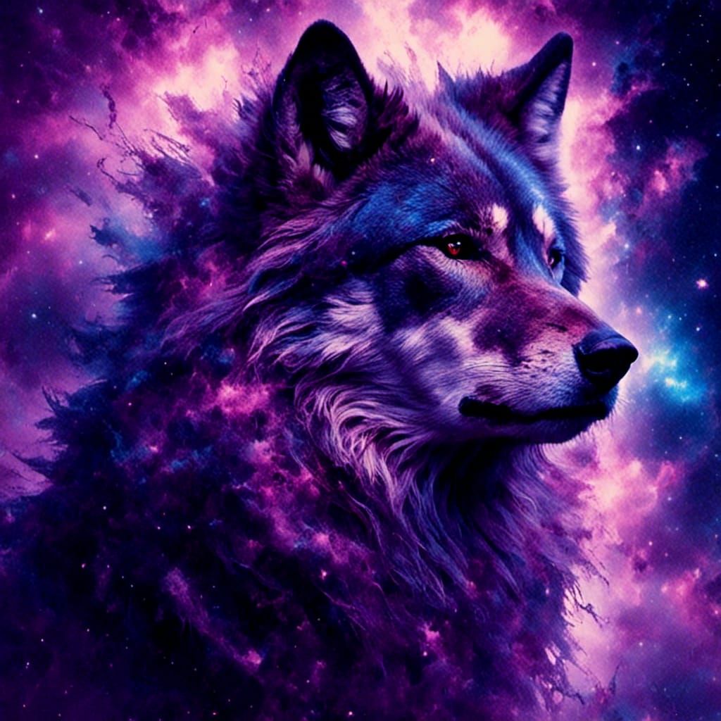 Cosmic Wolf Double Exposure in Digital Painting Style