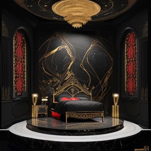 Black Marble Bedroom with Floral Arrangement