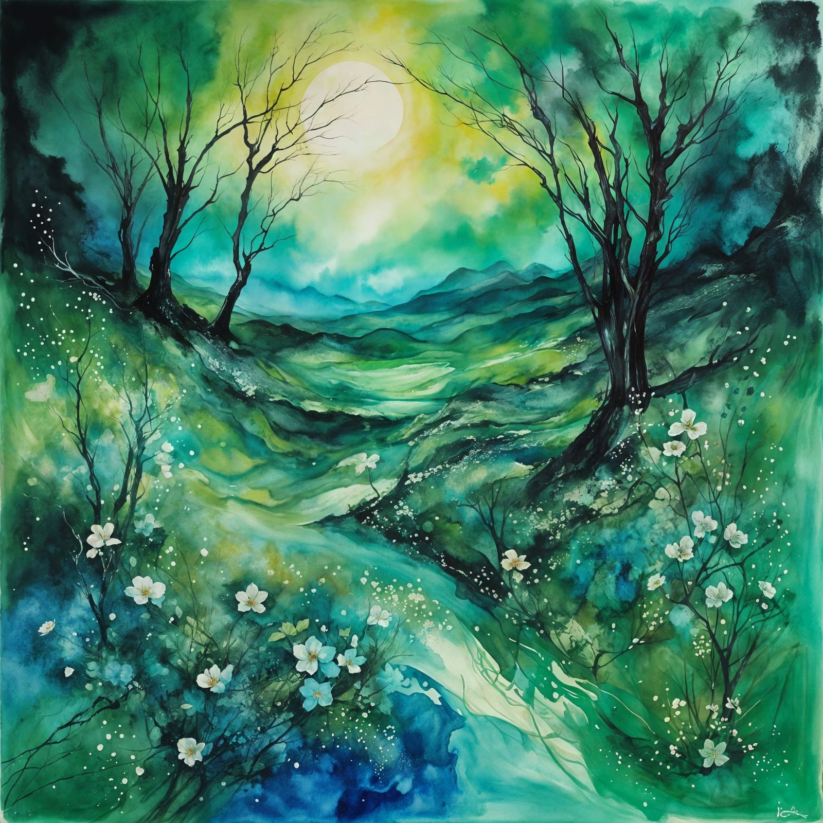 Ethereal Forest Path at Sunset in Watercolor Style