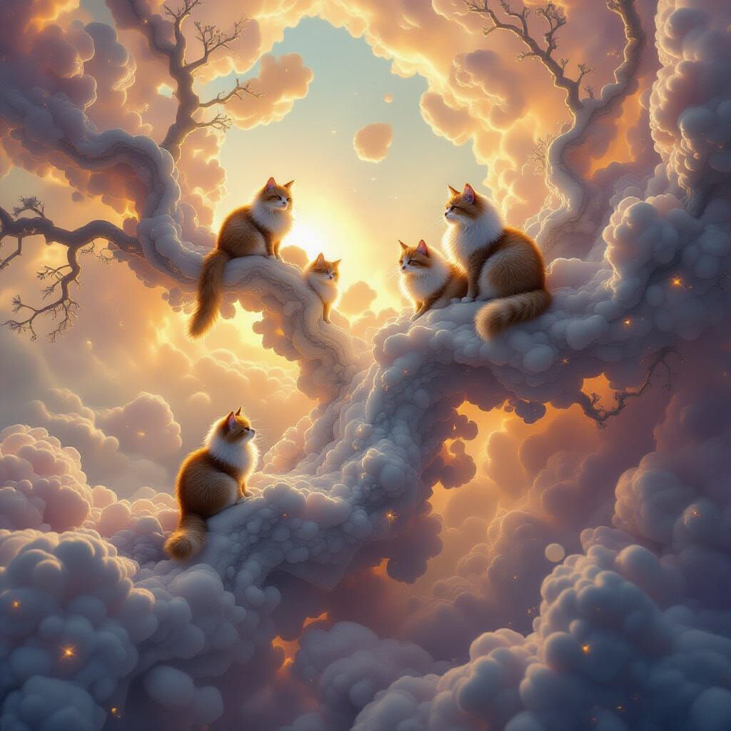 Cosmic Tree Nebula with Cats in Golden Hour Glow