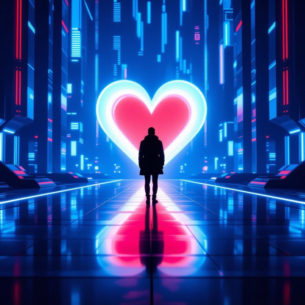 Sci-Fi Romance: Heart Shadow Silhouette in Neon City