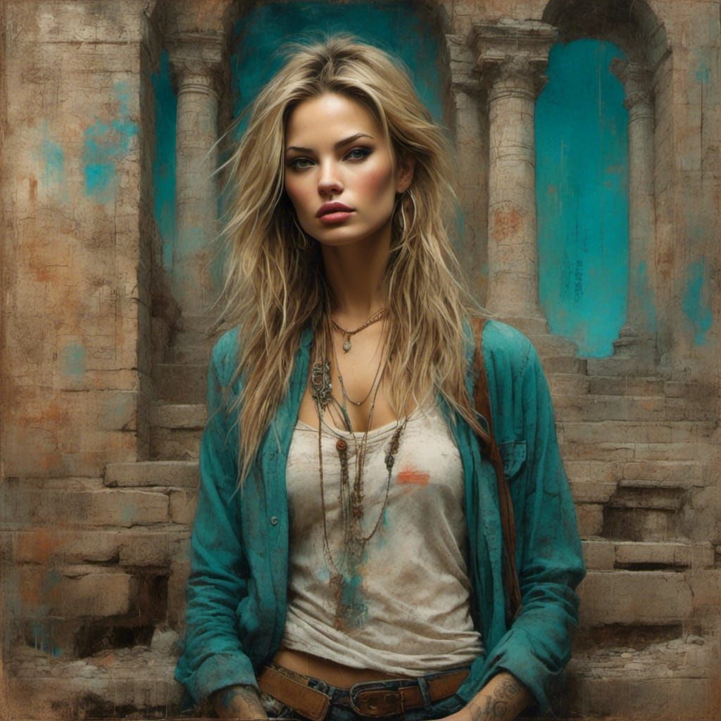 Movie Star at Ancient Ruins in Oil Pastel Style