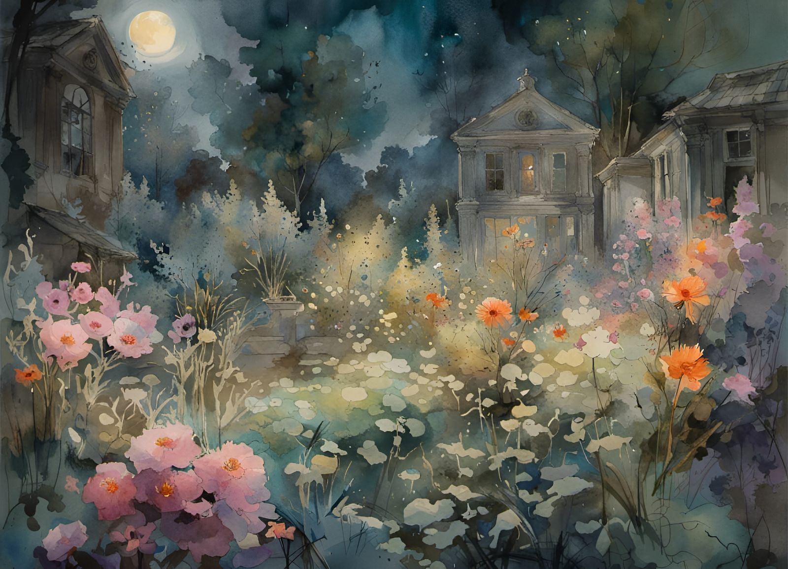 Moonlit Garden: Detailed Watercolor Painting